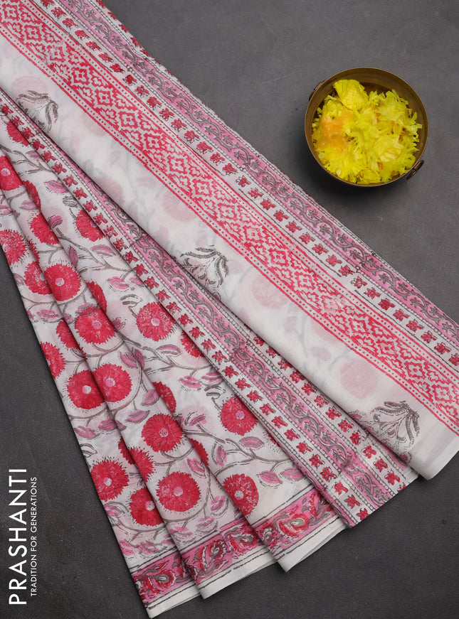 Jaipur cotton saree off white and pink shade with allover floral prints and printed border