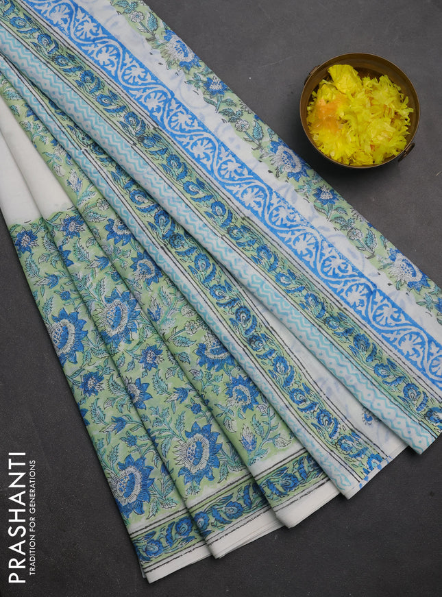 Jaipur cotton saree pista green blue and off white with allover floral prints and printed border
