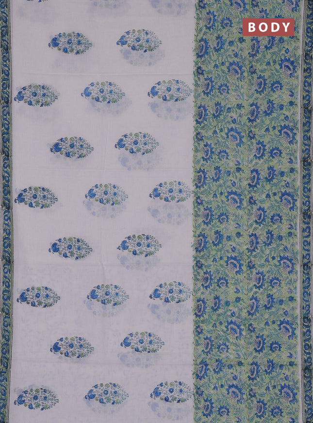 Jaipur cotton saree pista green blue and off white with allover floral prints and printed border