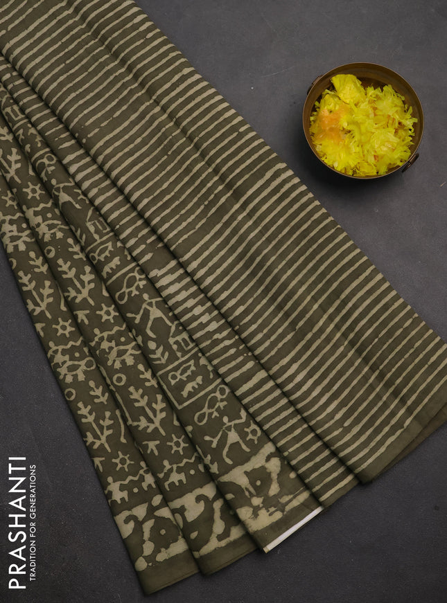 Jaipur cotton saree olive with allover warli prints and printed border