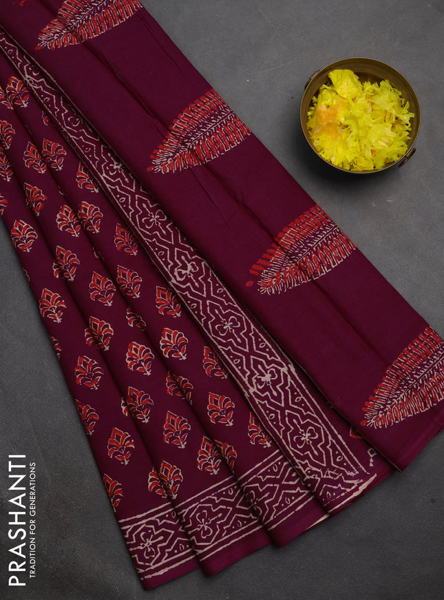 Jaipur cotton saree wine  with allover butta prints and printed border
