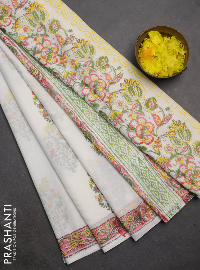 Jaipur cotton saree off white  and peach shade with butta prints and printed border