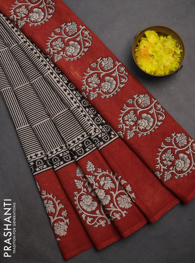 Jaipur cotton saree off white black and maroon shade with allover geometric prints and floral butta printed border