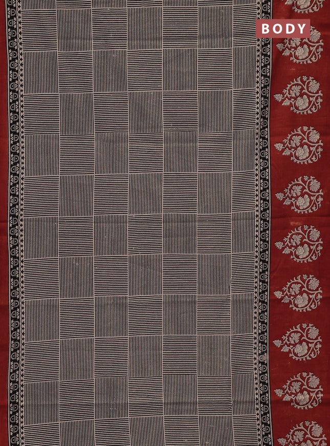 Jaipur cotton saree off white black and maroon shade with allover geometric prints and floral butta printed border