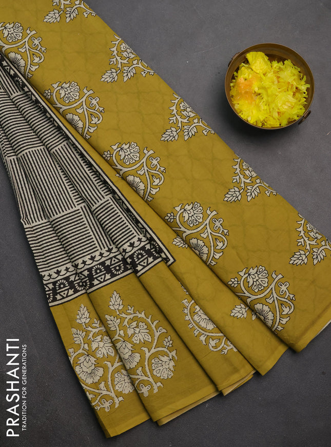 Jaipur cotton saree beige black and mustard yellow with allover geometric prints and printed border