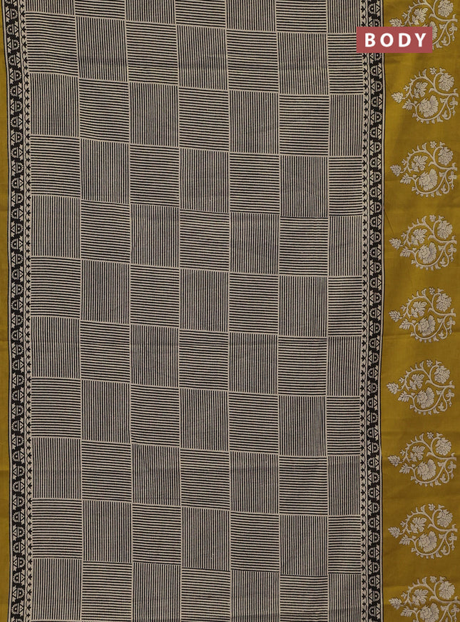 Jaipur cotton saree beige black and mustard yellow with allover geometric prints and printed border