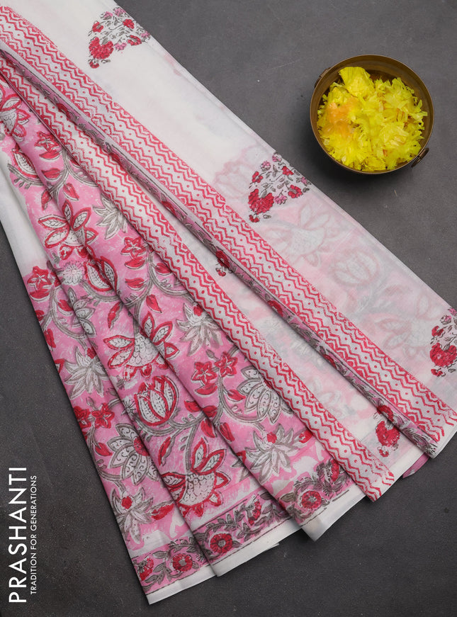 Jaipur cotton saree pink and off white with allover kalamari prints and printed border