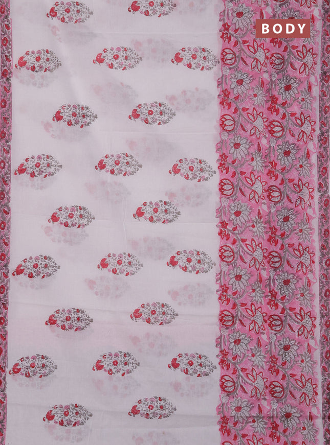 Jaipur cotton saree pink and off white with allover kalamari prints and printed border