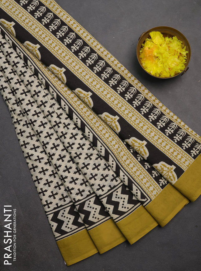 Jaipur cotton saree beige and mustard yellow with allover butta prints and printed border