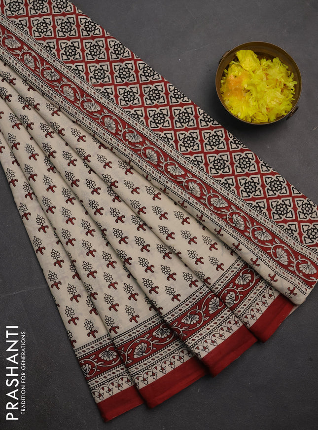 Jaipur cotton saree beige and maroon with allover butta prints and printed border