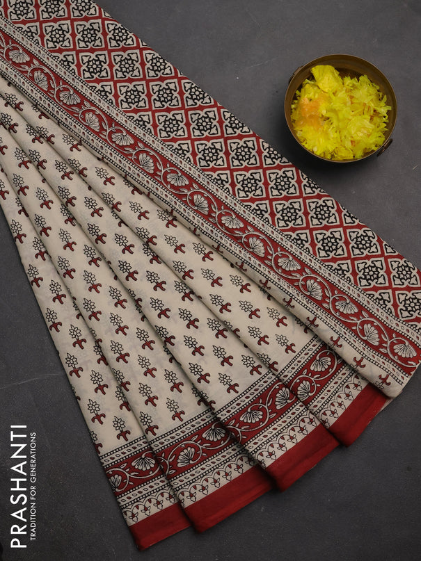 Jaipur cotton saree beige and maroon with allover butta prints and printed border