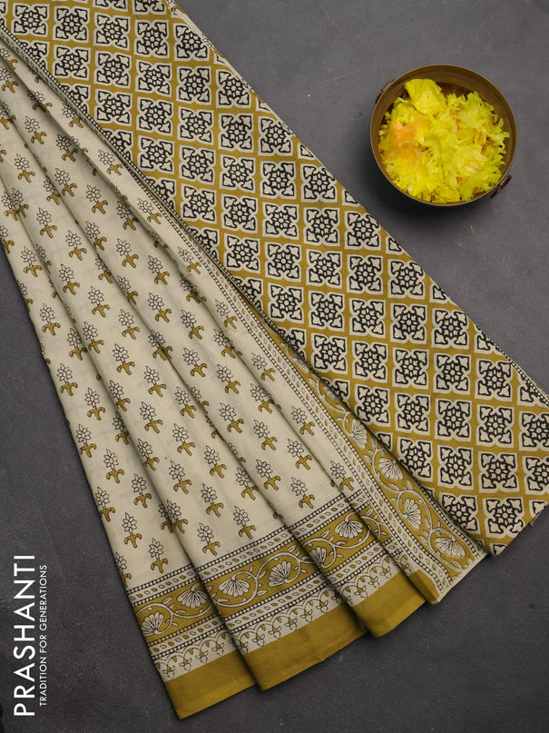 Jaipur cotton saree beige and mustard yellow with allover butta prints and printed border