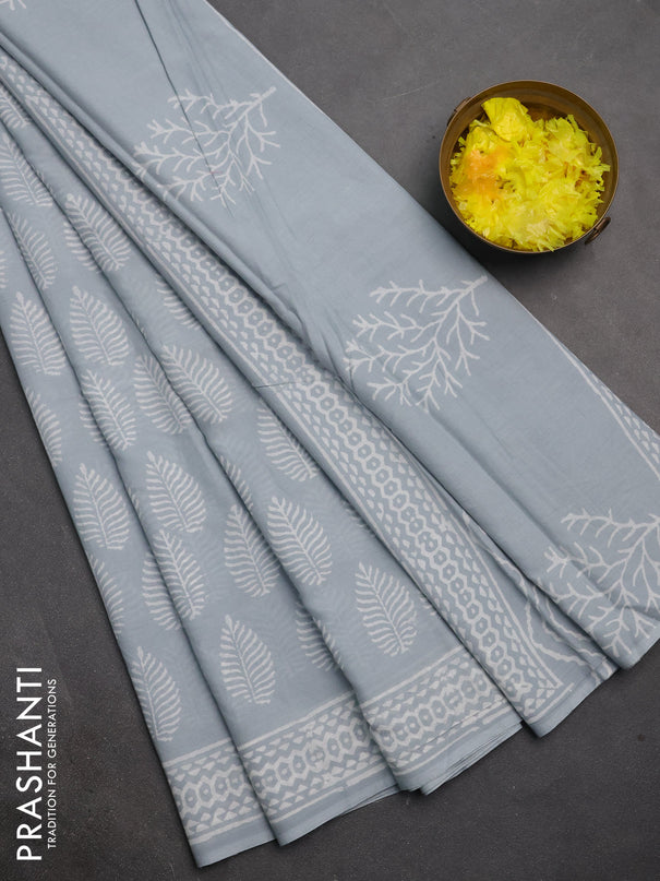 Jaipur cotton saree bluish grey with allover butta prints and printed border