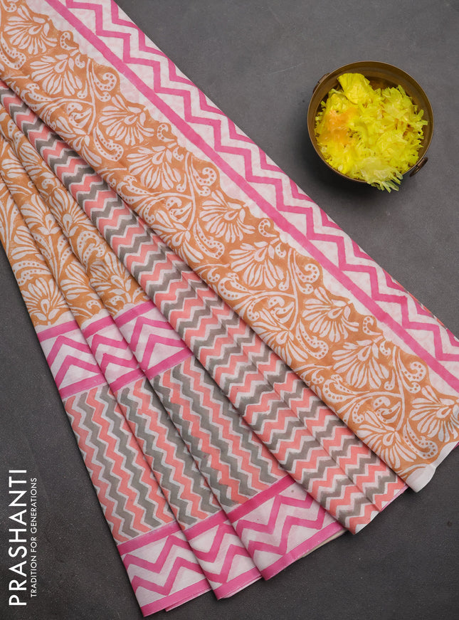Jaipur cotton saree rust and pink with allover prints and long zigzag printed border
