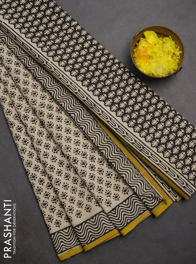 Jaipur cotton saree off white black and mustard yellow with allover butta prints and printed border