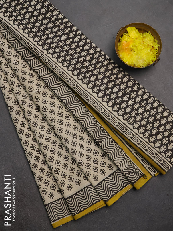 Jaipur cotton saree off white black and mustard yellow with allover butta prints and printed border