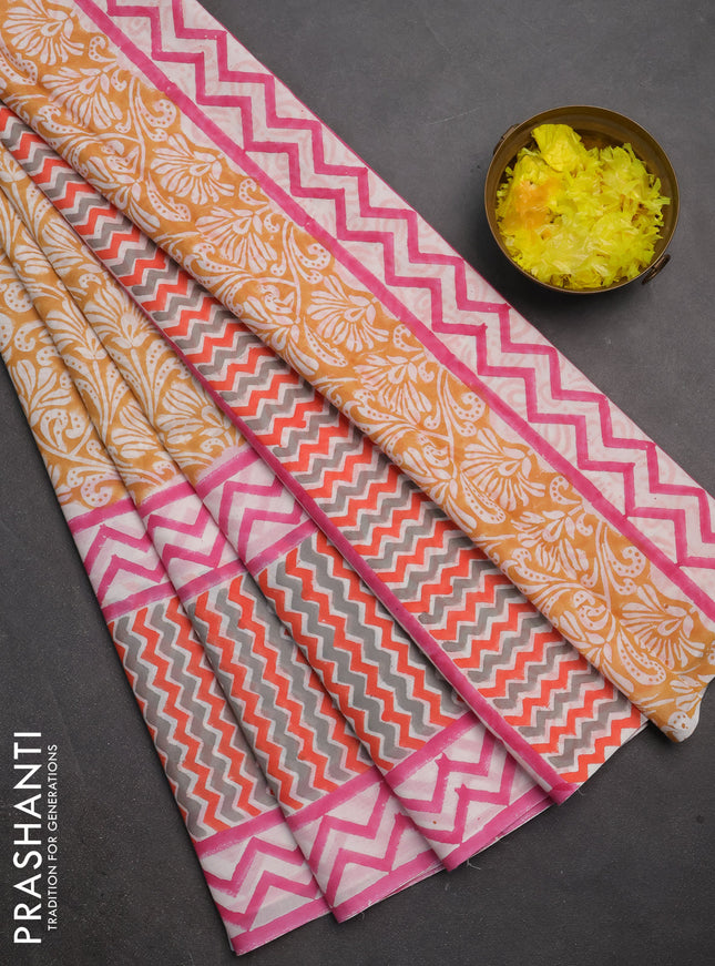 Jaipur cotton saree rust and pink with allover prints and zigzag printed border