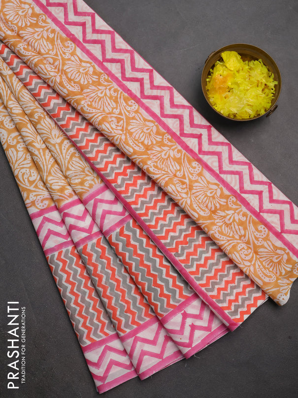 Jaipur cotton saree rust and pink with allover prints and zigzag printed border