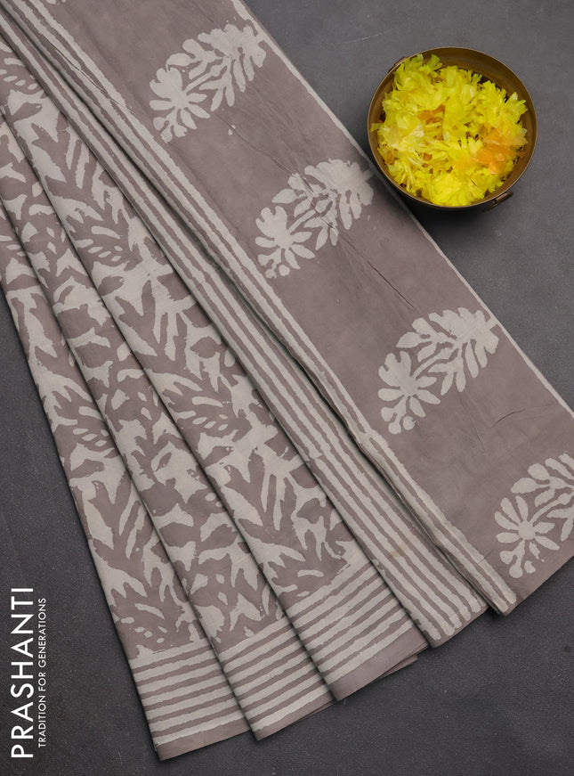 Jaipur cotton saree beige with allover prints and printed border