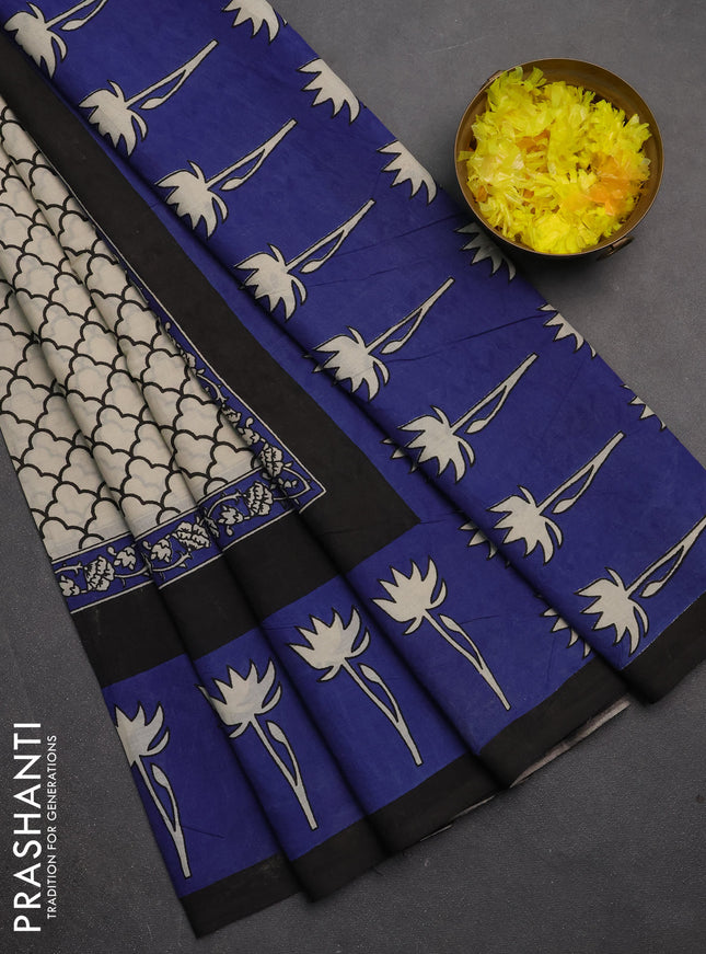 Jaipur cotton saree beige and black blue with allover prints and printed border