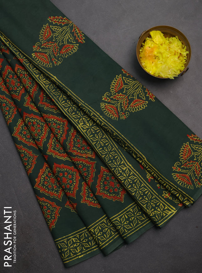 Jaipur cotton saree green with allover ajrakh prints and printed border