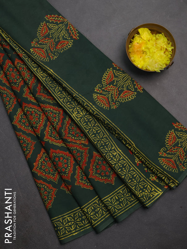 Jaipur cotton saree green with allover ajrakh prints and printed border