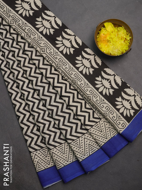 Jaipur cotton saree beige black and blue with allover zigzag prints and printed border