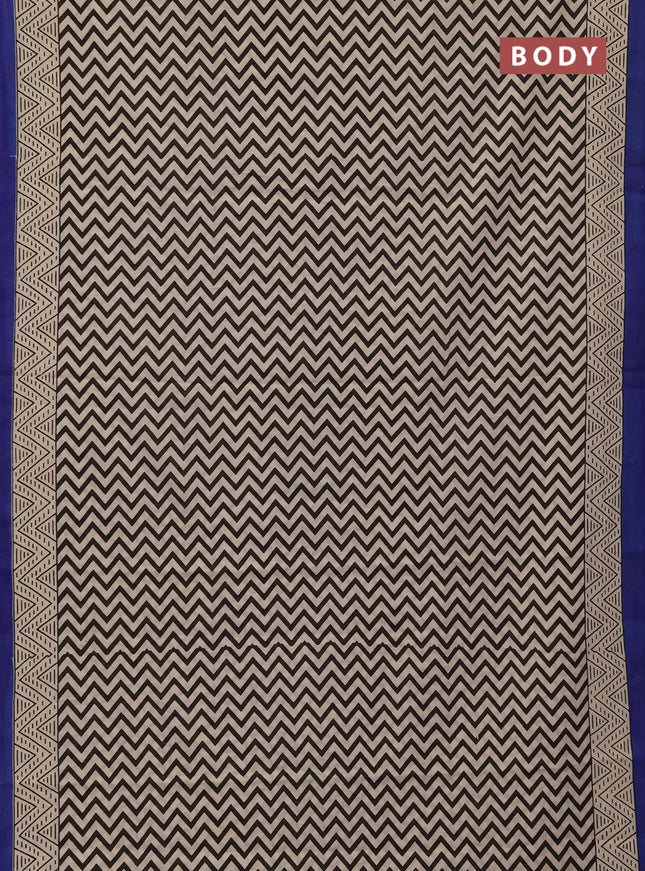 Jaipur cotton saree beige black and blue with allover zigzag prints and printed border