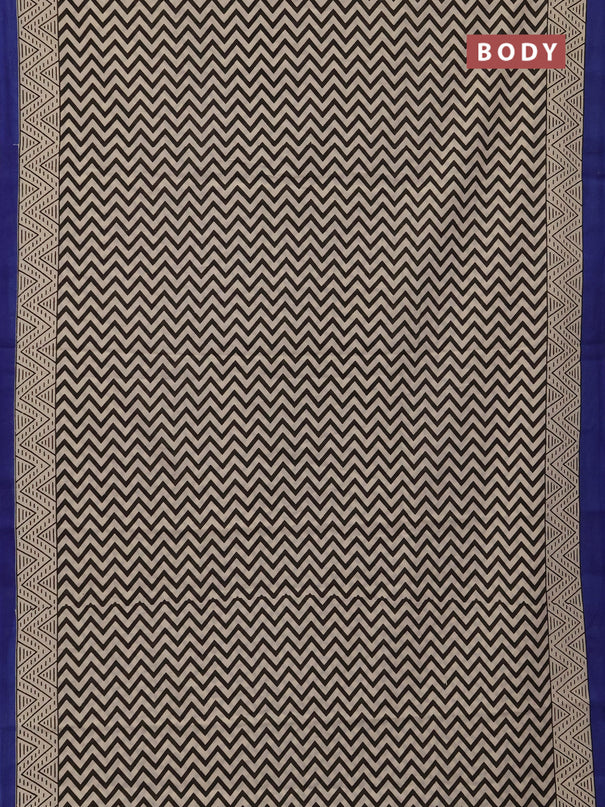 Jaipur cotton saree beige black and blue with allover zigzag prints and printed border