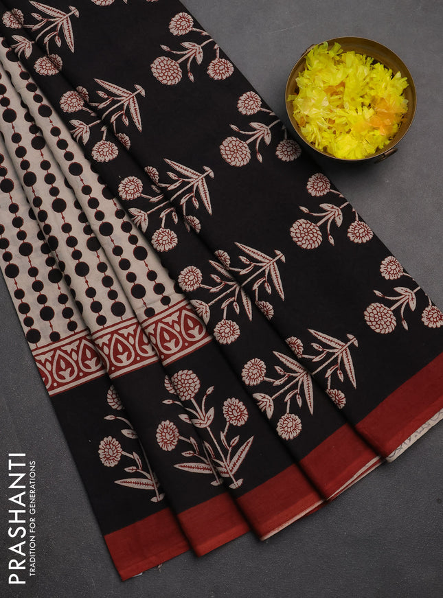 Jaipur cotton saree beige and black rust with allover geometric prints and floral butta printed border