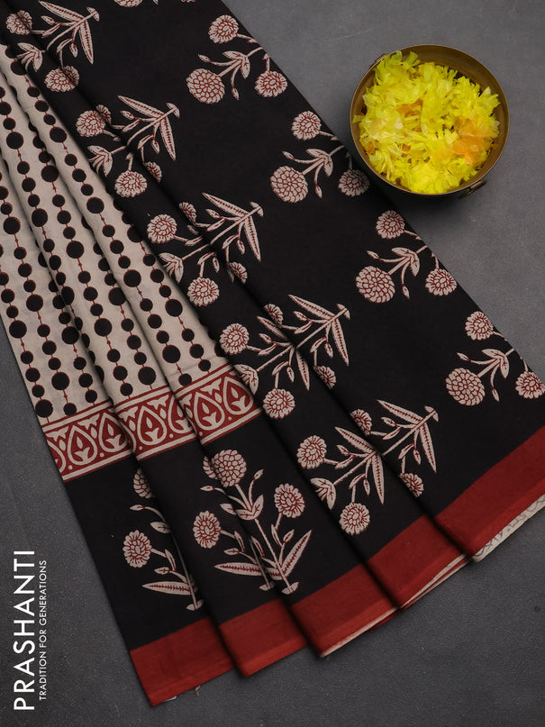 Jaipur cotton saree beige and black rust with allover geometric prints and floral butta printed border