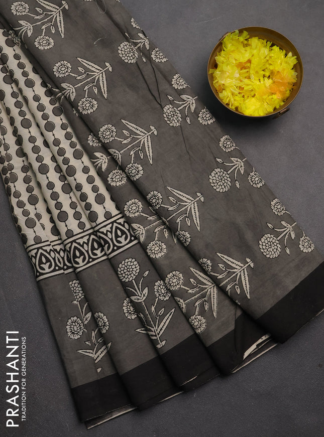 Jaipur cotton saree beige and black with allover geometric prints and printed border