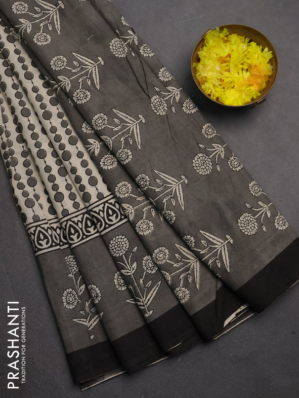 Jaipur cotton saree beige and black with allover geometric prints and printed border