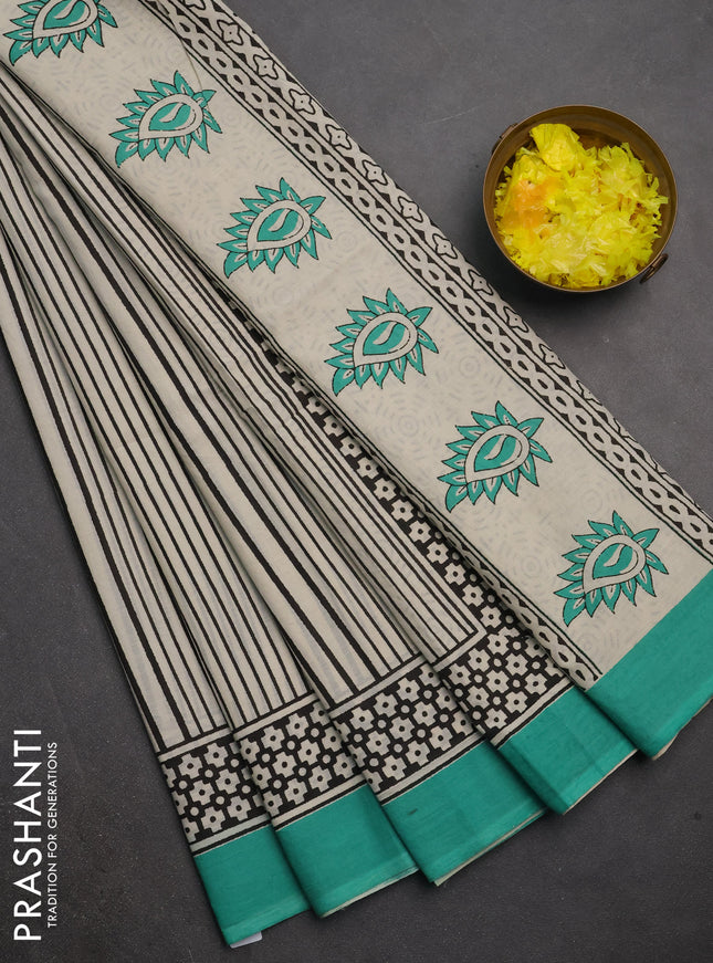 Jaipur cotton saree beige black and teal green with allover stripe pattern and printed border