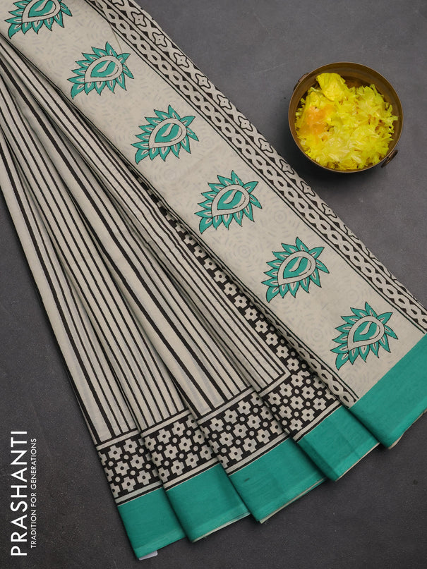 Jaipur cotton saree beige black and teal green with allover stripe pattern and printed border