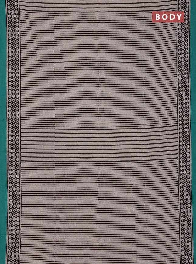 Jaipur cotton saree beige black and teal green with allover stripe pattern and printed border