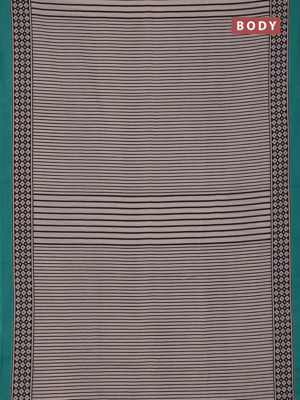Jaipur cotton saree beige black and teal green with allover stripe pattern and printed border