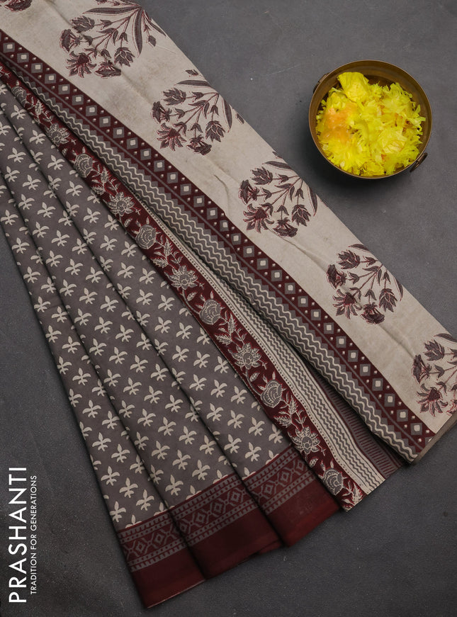 Jaipur cotton saree dark beige and maroon shade with allover butta prints and printed border
