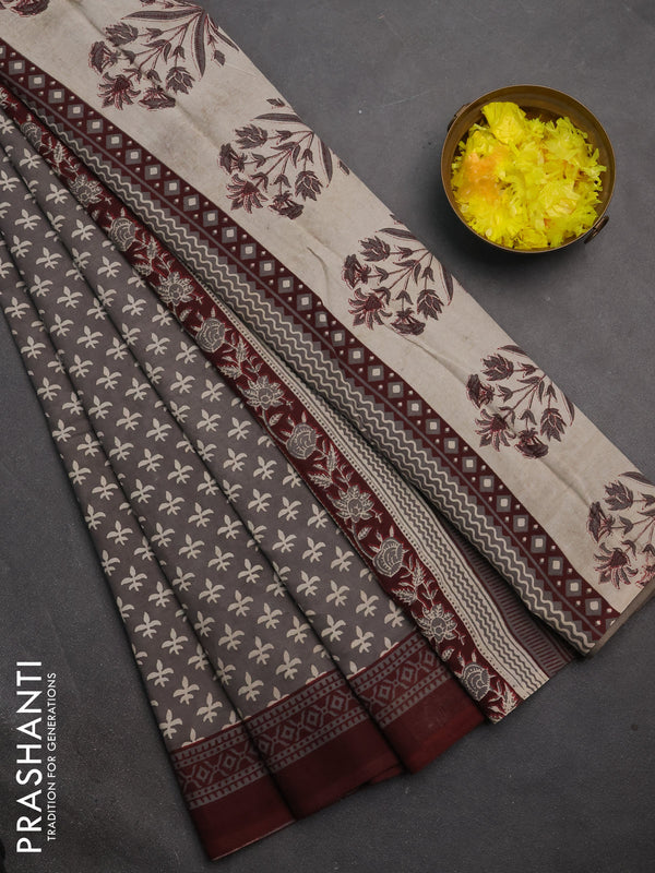 Jaipur cotton saree dark beige and maroon shade with allover butta prints and printed border