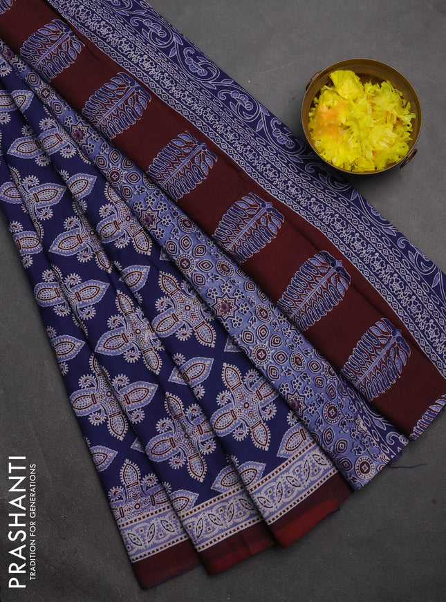 Jaipur cotton saree indigo blue and maroon shade with allover ajrakh prints and printed border