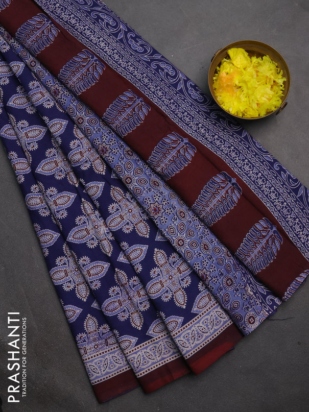 Jaipur cotton saree indigo blue and maroon shade with allover ajrakh prints and printed border