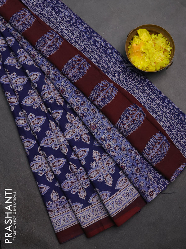 Jaipur cotton saree indigo blue and maroon shade with allover ajrakh prints and printed border