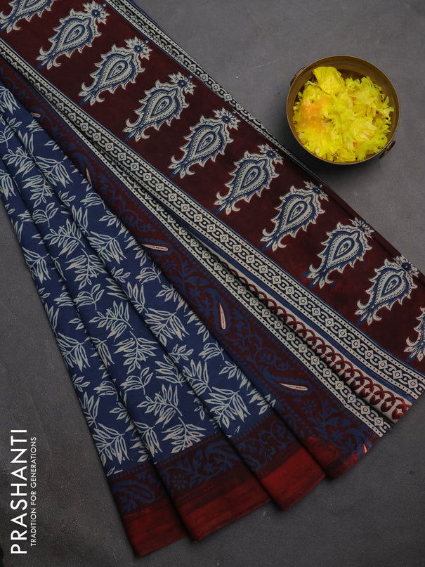 Jaipur cotton saree blue shade and maroon shade with allover prints and printed border