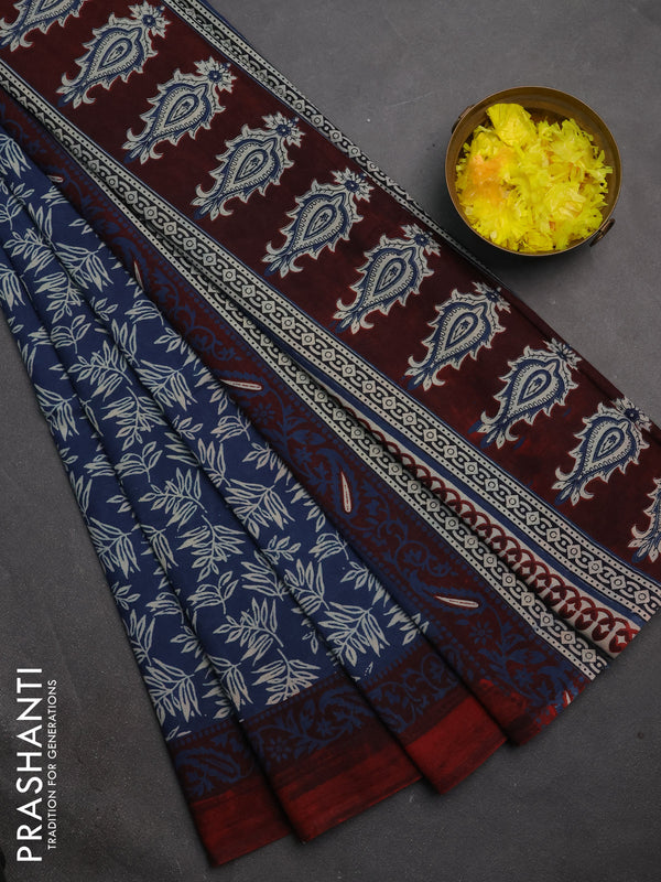 Jaipur cotton saree blue shade and maroon shade with allover prints and printed border