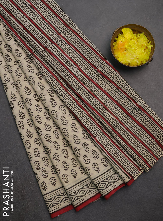 Jaipur cotton saree beige and maroon with allover butta prints and printed border