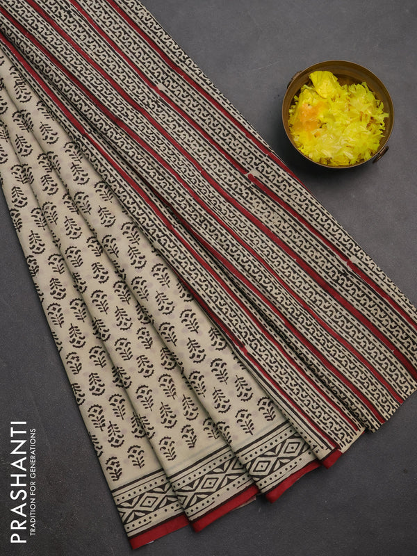 Jaipur cotton saree beige and maroon with allover butta prints and printed border