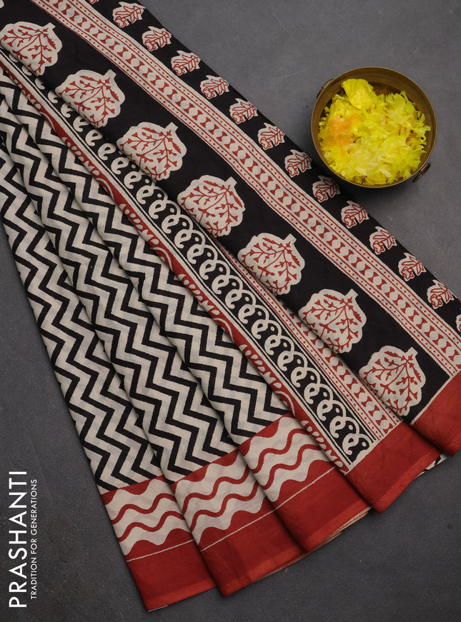 Jaipur cotton saree off white black and rust with allover zigzag prints and printed border