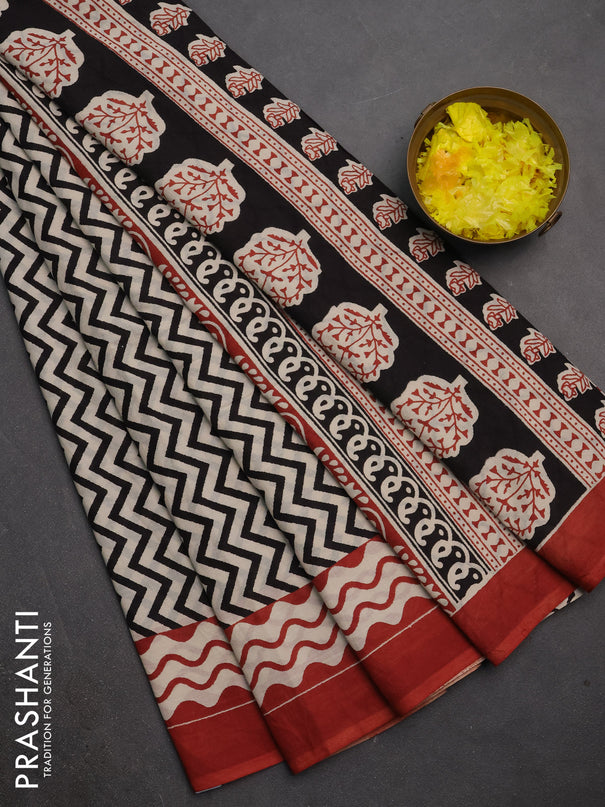 Jaipur cotton saree off white black and rust with allover zigzag prints and printed border