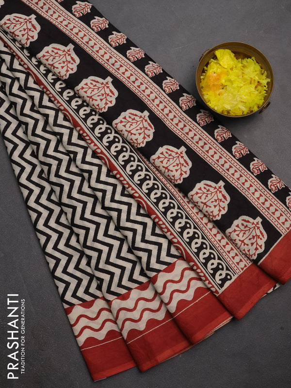 Jaipur cotton saree off white black and rust with allover zigzag prints and printed border