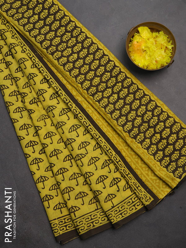 Jaipur cotton saree yellow and coffee brown with allover butta prints and printed border